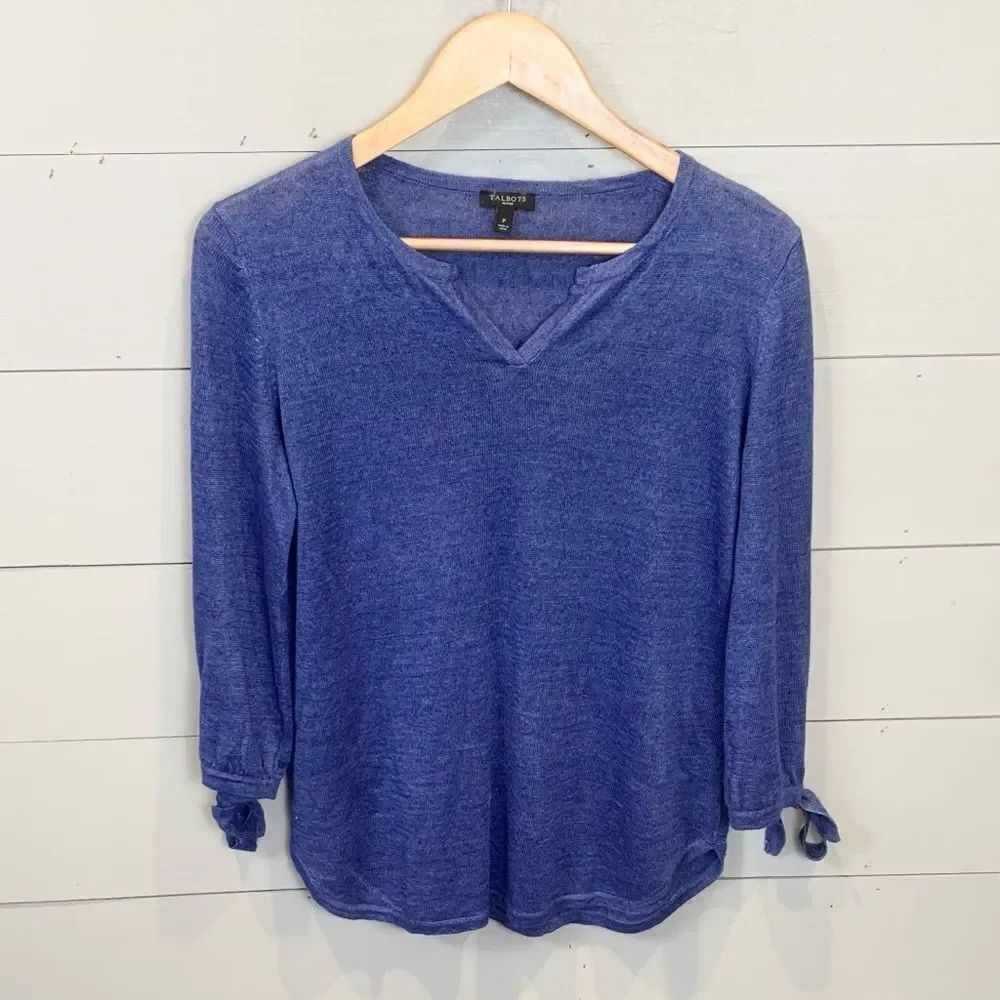 Talbots 100% linen blue V-neck lightweight knit sweater size petite